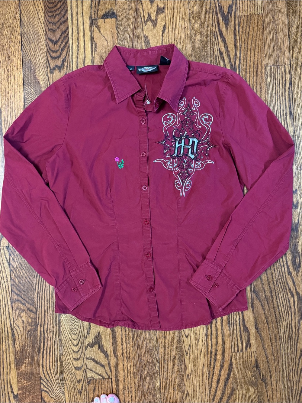 Harley-Davidson July 2009 Graphic Button-Up Shirt Burgundy Y2K Moto Biker Medium